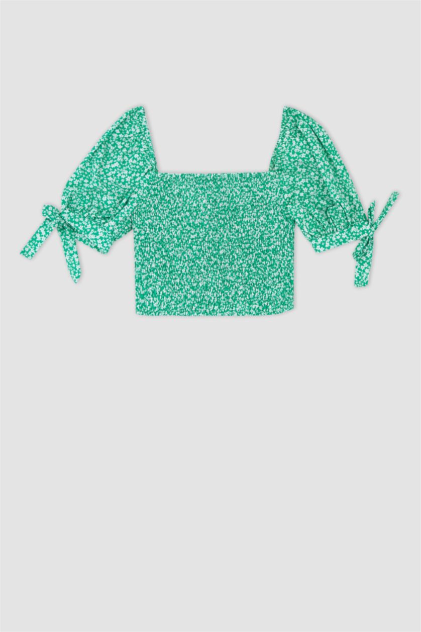 WOMAN Light Green Coool Crop Square Neck Short Balloon Sleeve Poplin Blouse