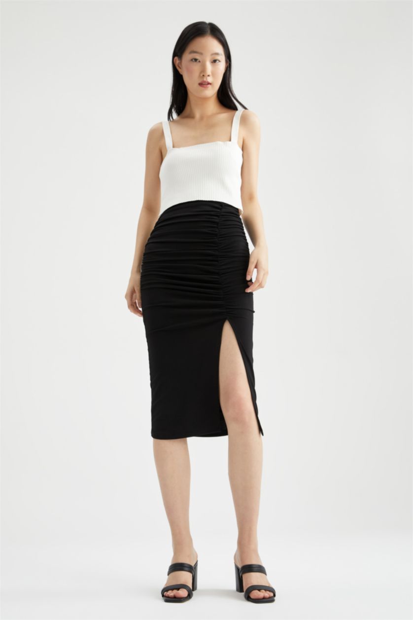 WOMAN Black Fitted Slit Detailed Knee Length Pencil Skirt