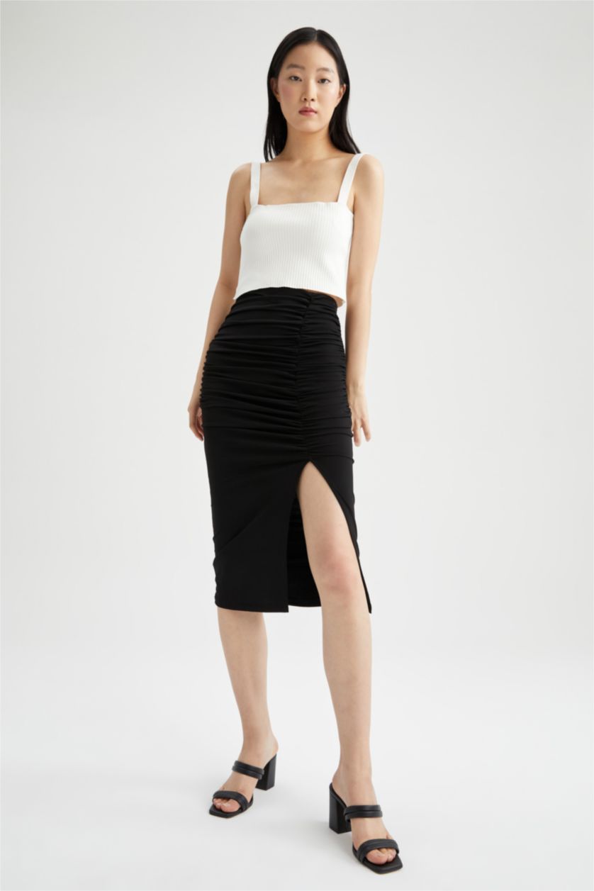 WOMAN Black Fitted Slit Detailed Knee Length Pencil Skirt