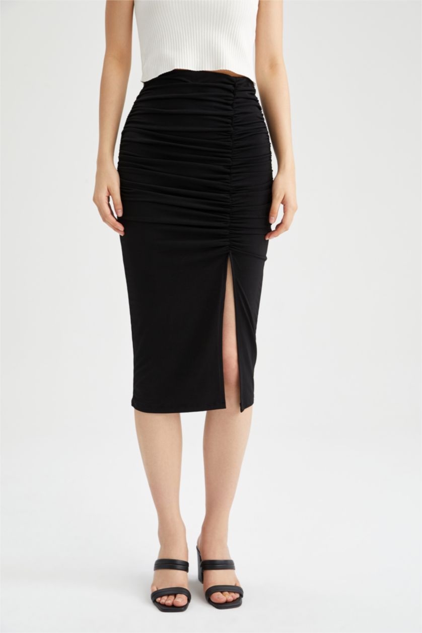 WOMAN Black Fitted Slit Detailed Knee Length Pencil Skirt