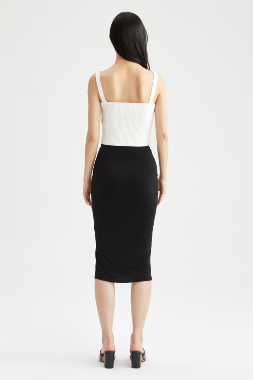 WOMAN Black Fitted Slit Detailed Knee Length Pencil Skirt