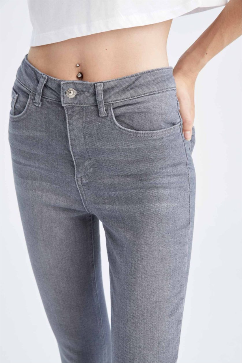 نساء رمادي بنطلون جينز سليم فيت بخصر عالي