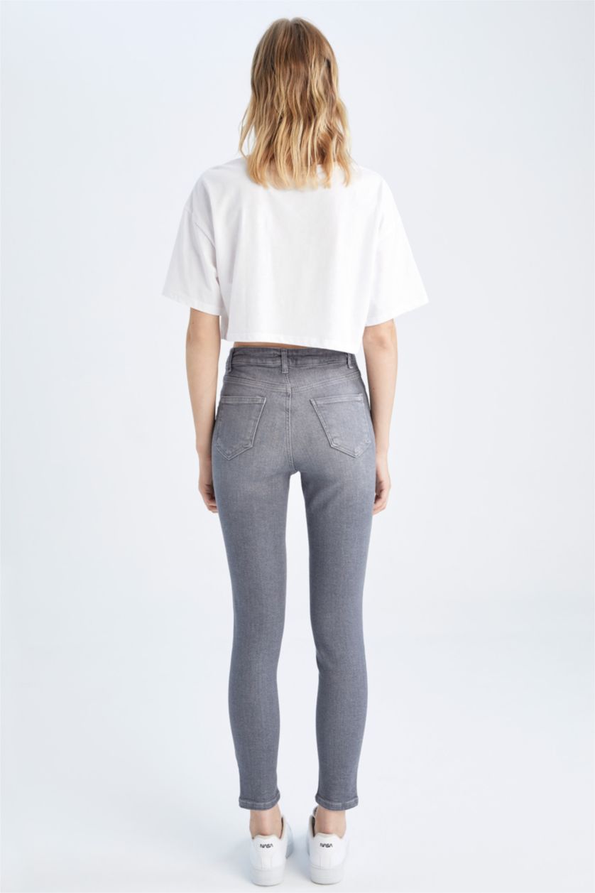 نساء رمادي بنطلون جينز سليم فيت بخصر عالي