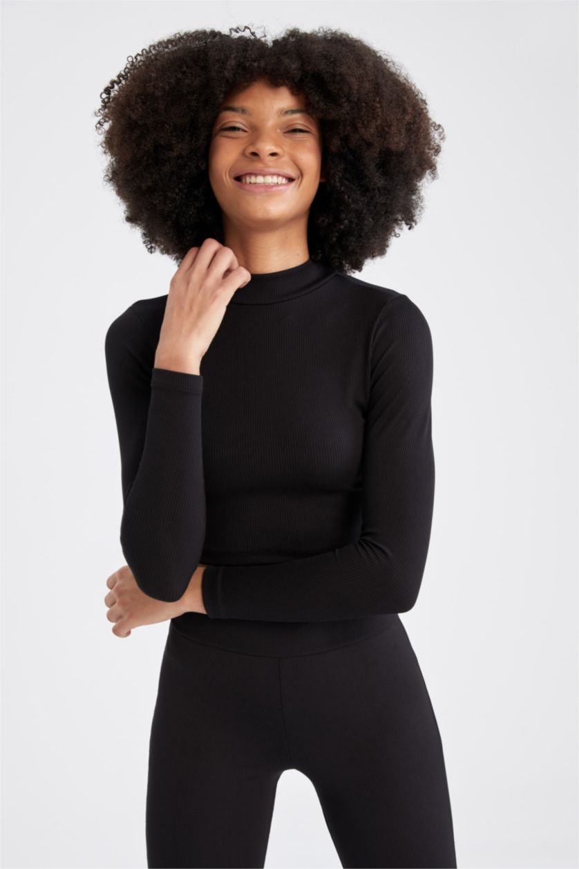 WOMAN Black Defacto Fit Slim Fit Half Turtleneck Long Sleeve T-Shirt