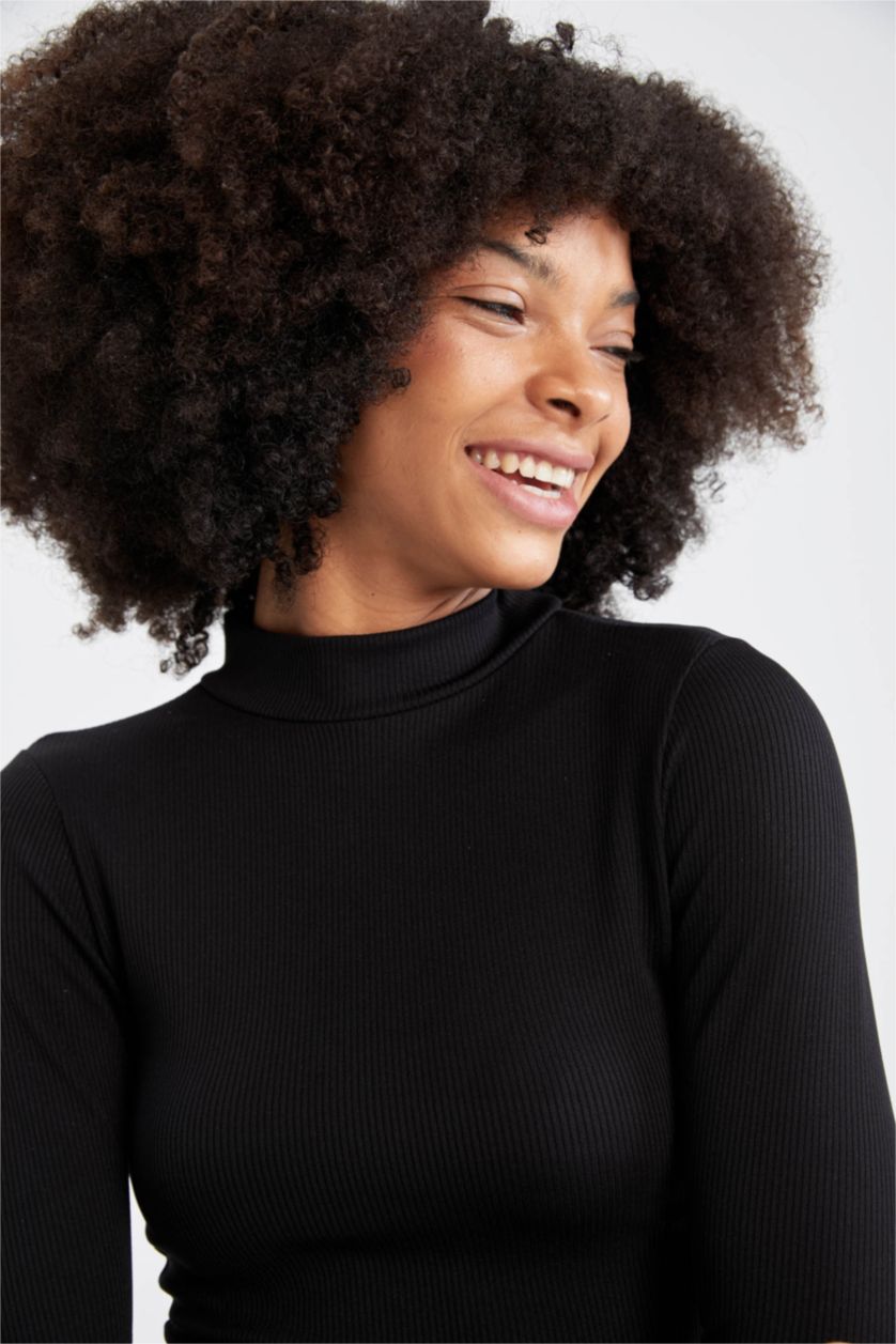 WOMAN Black Defacto Fit Slim Fit Half Turtleneck Long Sleeve T-Shirt