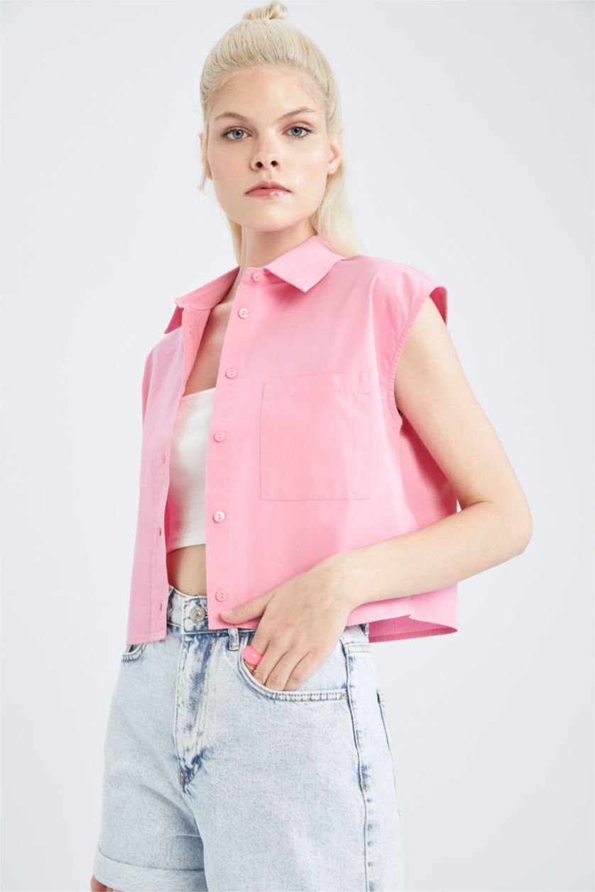 WOMAN Pink Crop Poplin Sleeveless Shirt