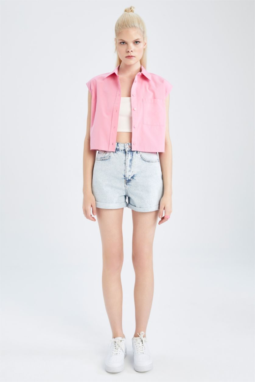 WOMAN Pink Crop Poplin Sleeveless Shirt