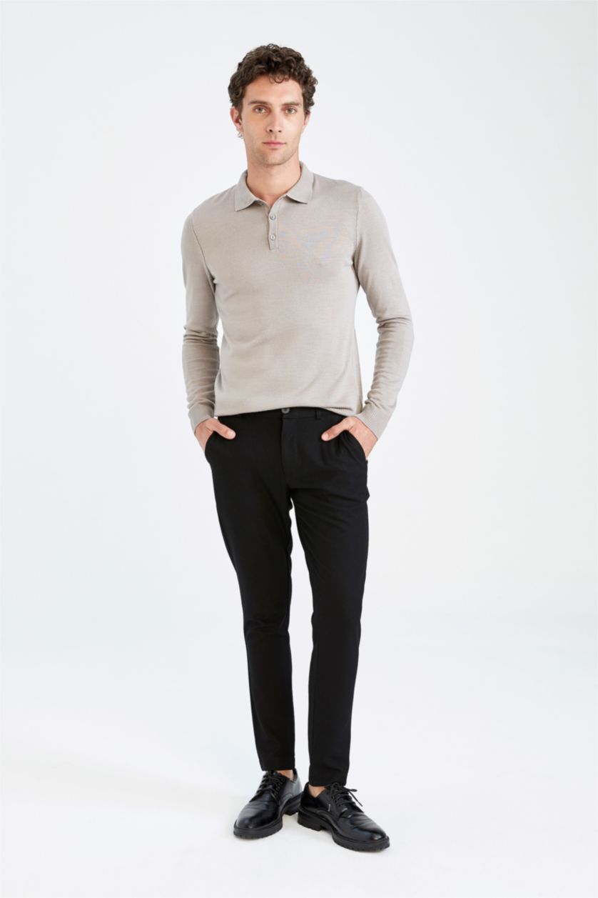 Erkek Gri Slim Fit Polo Yaka Triko Kazak