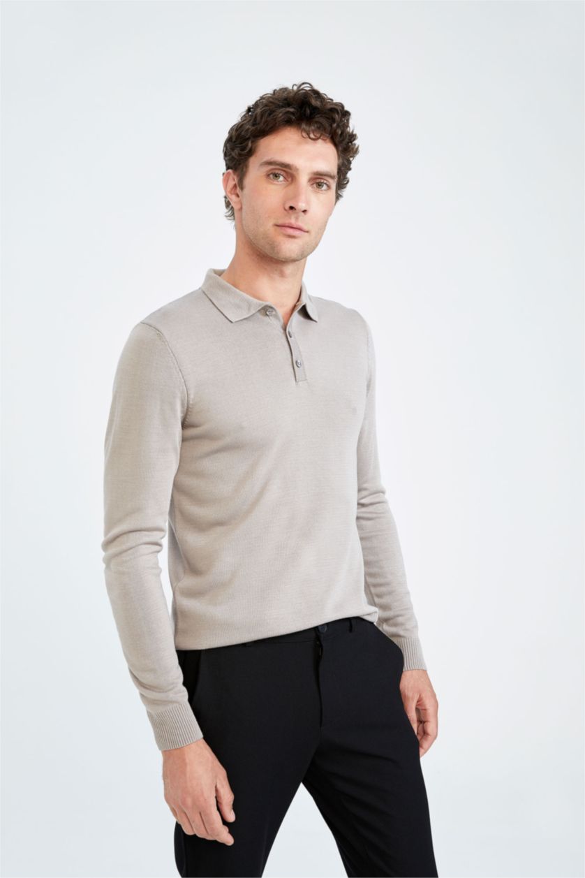 Erkek Gri Slim Fit Polo Yaka Triko Kazak