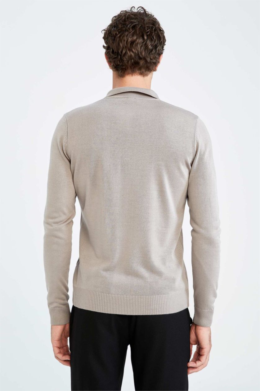 Erkek Gri Slim Fit Polo Yaka Triko Kazak