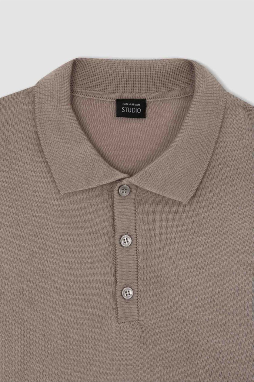 Erkek Gri Slim Fit Polo Yaka Triko Kazak