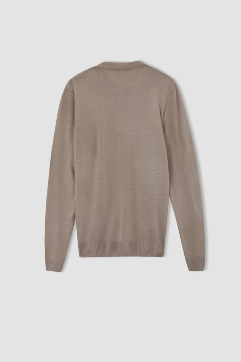 Erkek Gri Slim Fit Polo Yaka Triko Kazak