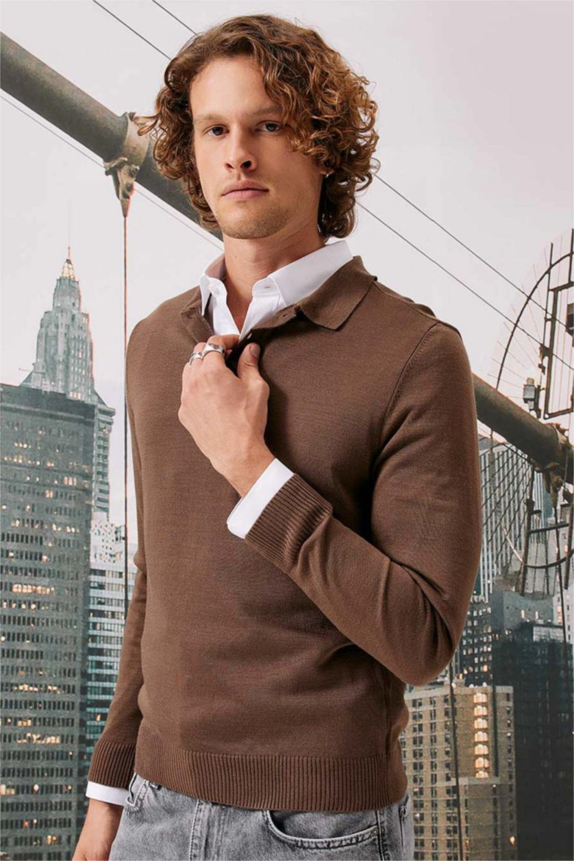 Erkek Kahve Slim Fit Dar Kesim Polo Yaka Basic Düz Triko Kazak