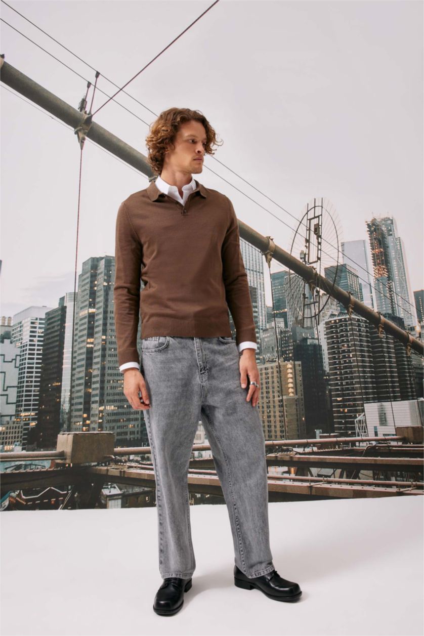 Erkek Kahve Slim Fit Dar Kesim Polo Yaka Basic Düz Triko Kazak