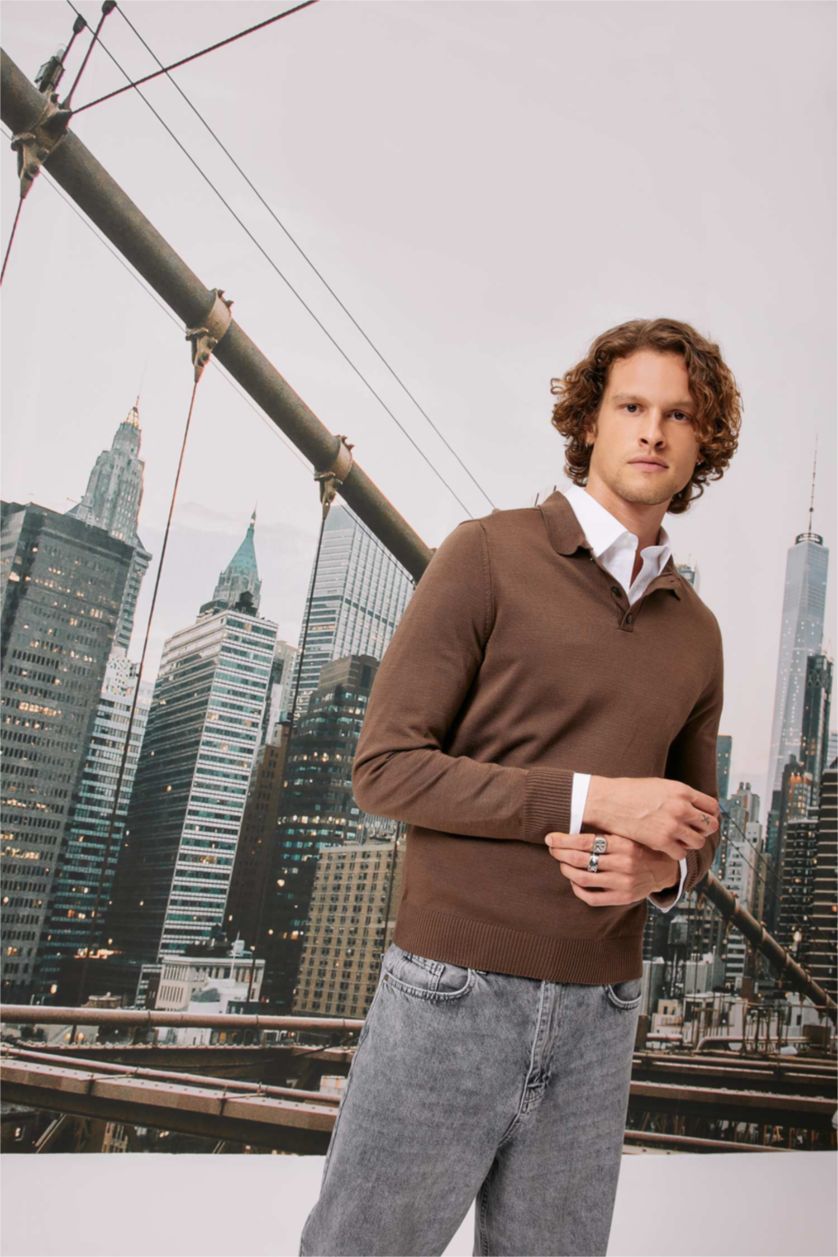 Erkek Kahve Slim Fit Dar Kesim Polo Yaka Basic Düz Triko Kazak