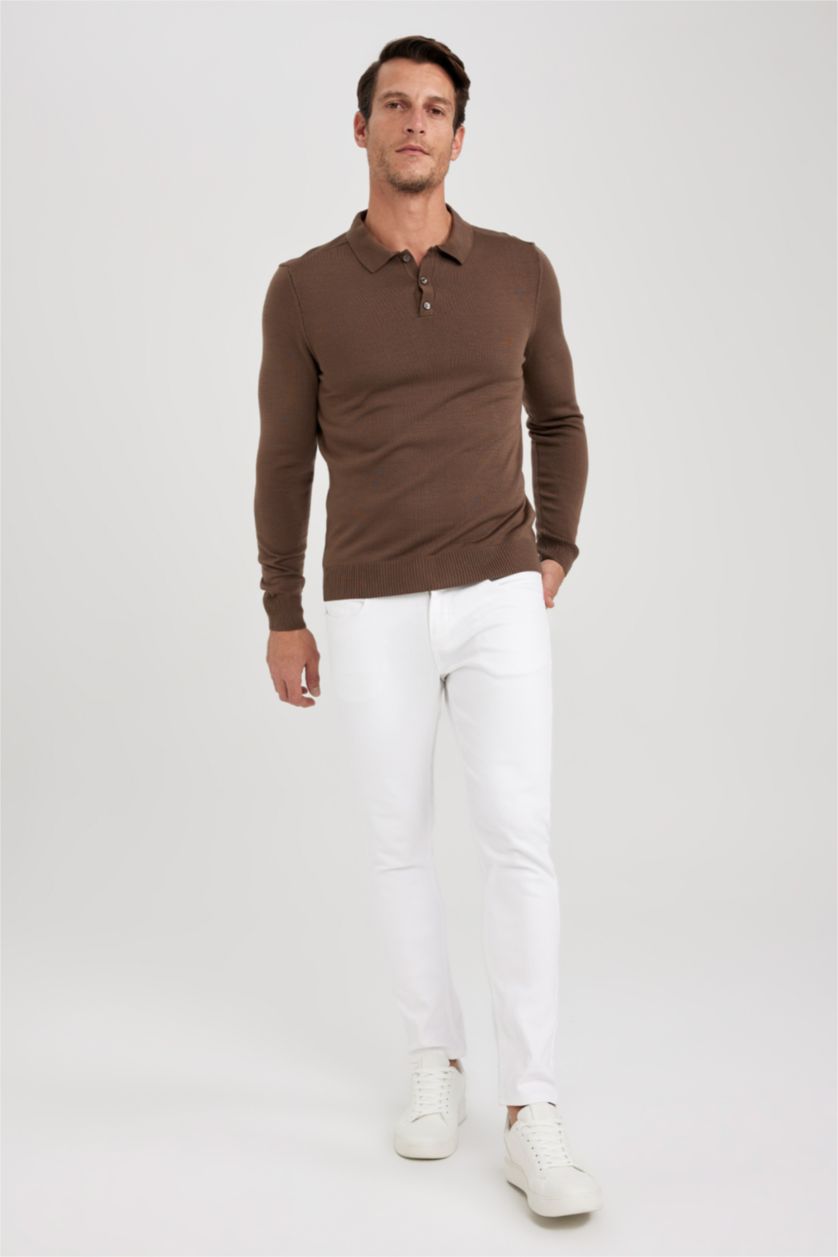 Erkek Kahve Slim Fit Dar Kesim Polo Yaka Basic Düz Triko Kazak