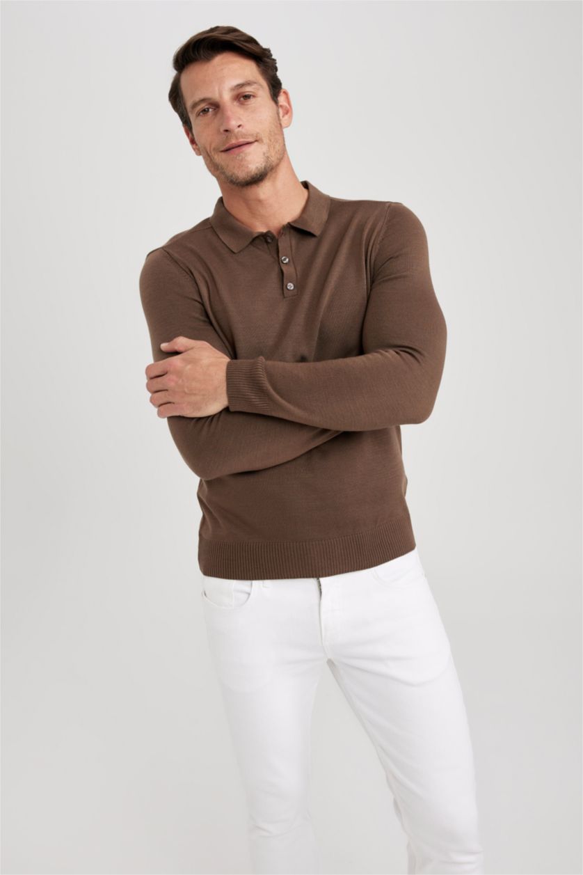 Erkek Kahve Slim Fit Dar Kesim Polo Yaka Basic Düz Triko Kazak