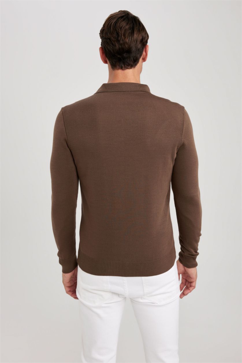 Erkek Kahve Slim Fit Dar Kesim Polo Yaka Basic Düz Triko Kazak
