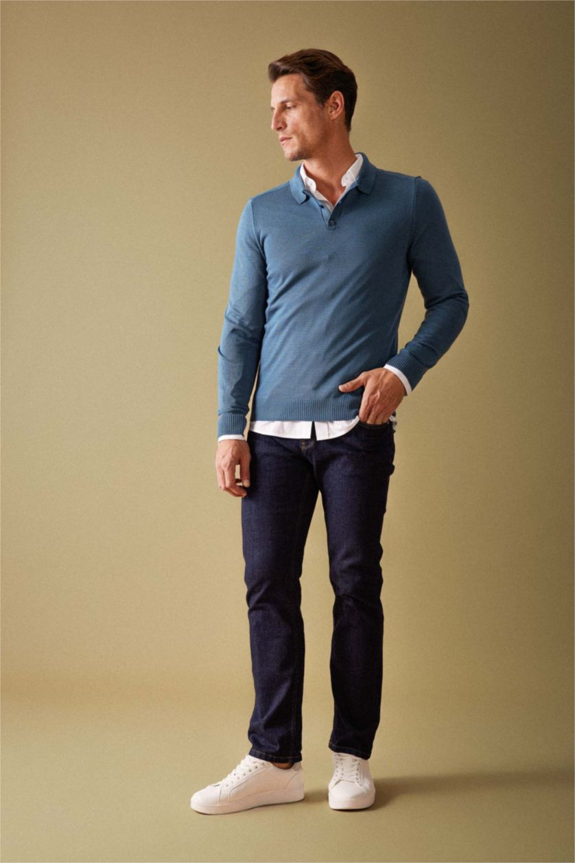 MAN Dark Green Slim Fit Narrow Cut Polo Neck Basic Knitted Pullover