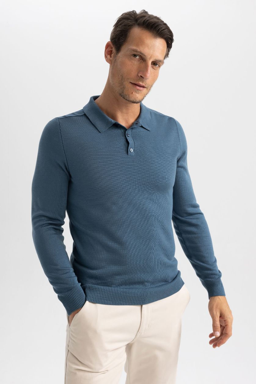 MAN Dark Green Slim Fit Narrow Cut Polo Neck Basic Knitted Pullover