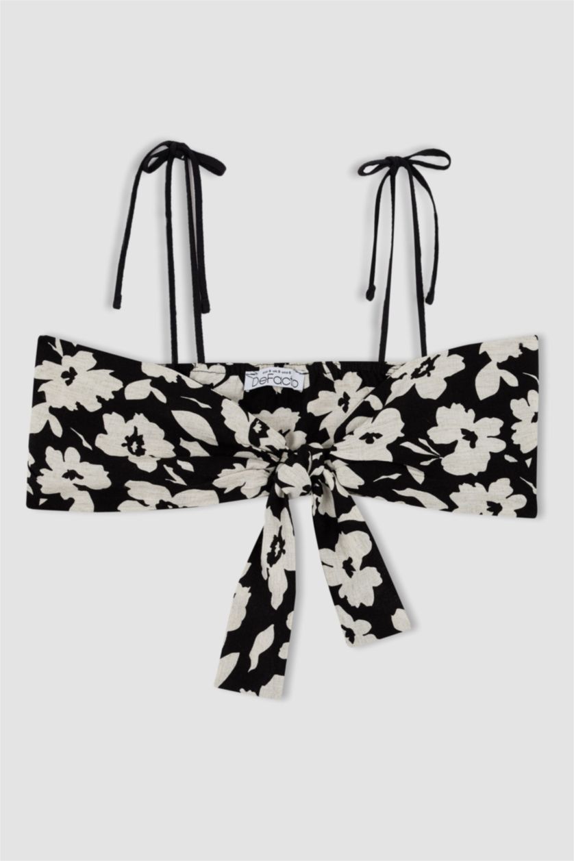 Woman Black Floral Strap Linen Blend Front Tie Bralette Blouse