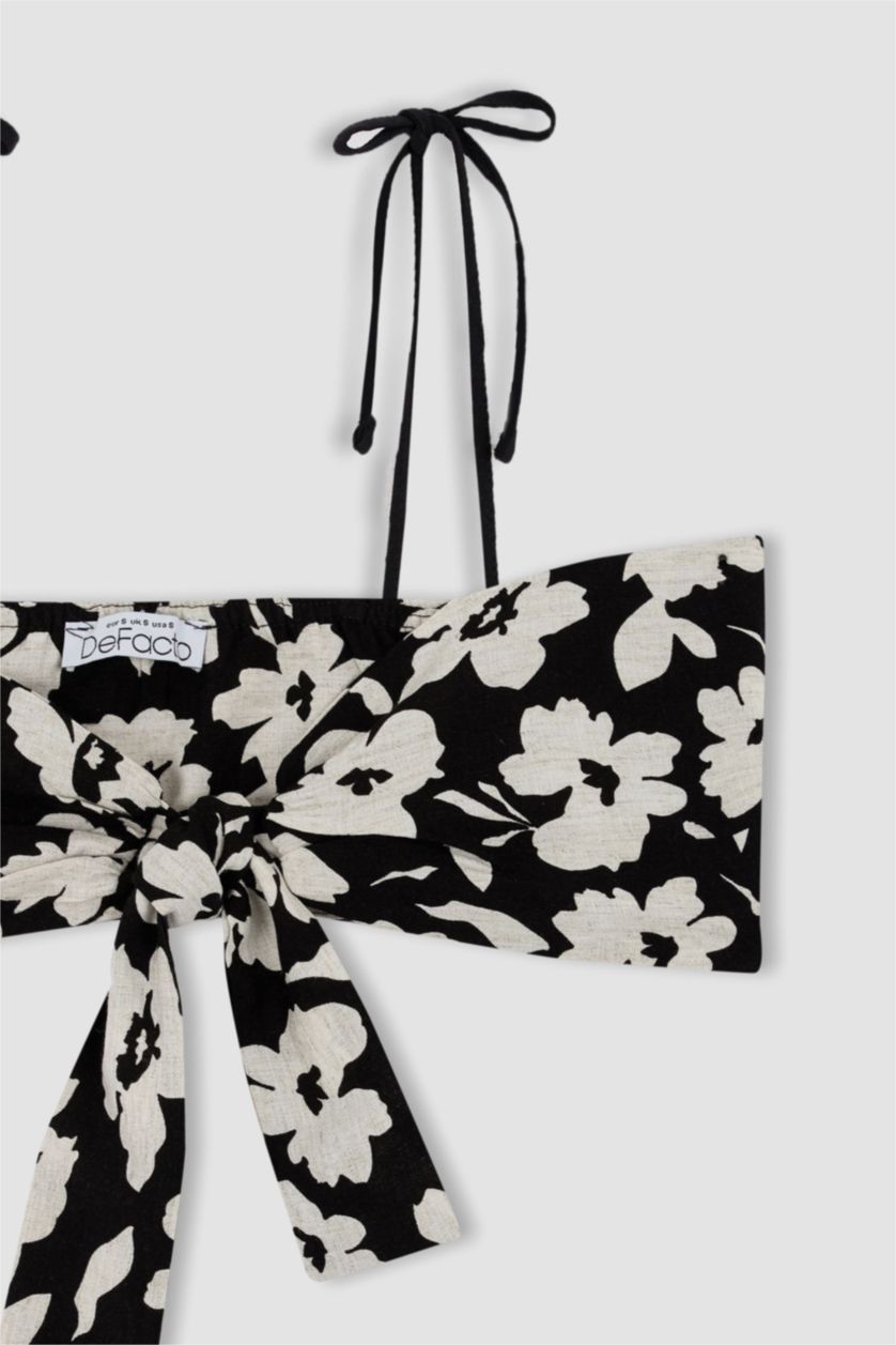 Woman Black Floral Strap Linen Blend Front Tie Bralette Blouse