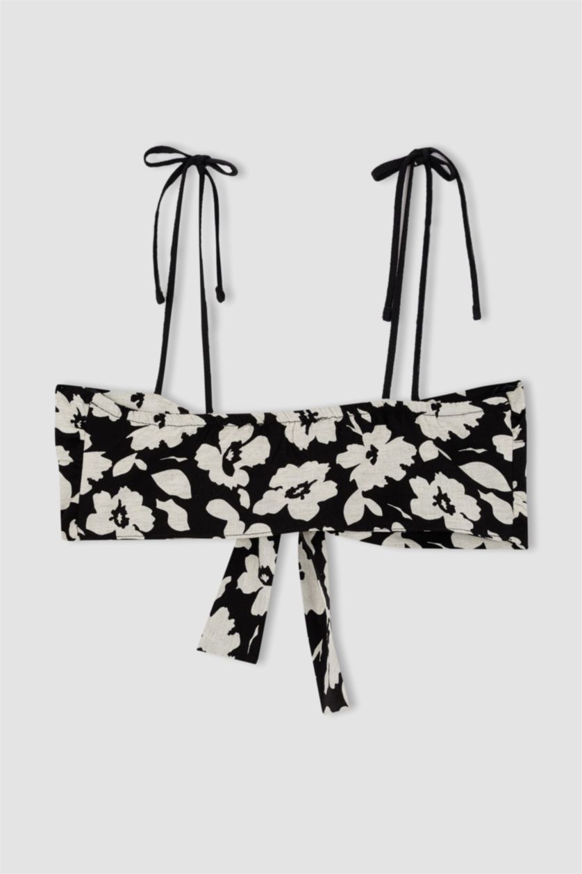 Woman Black Floral Strap Linen Blend Front Tie Bralette Blouse