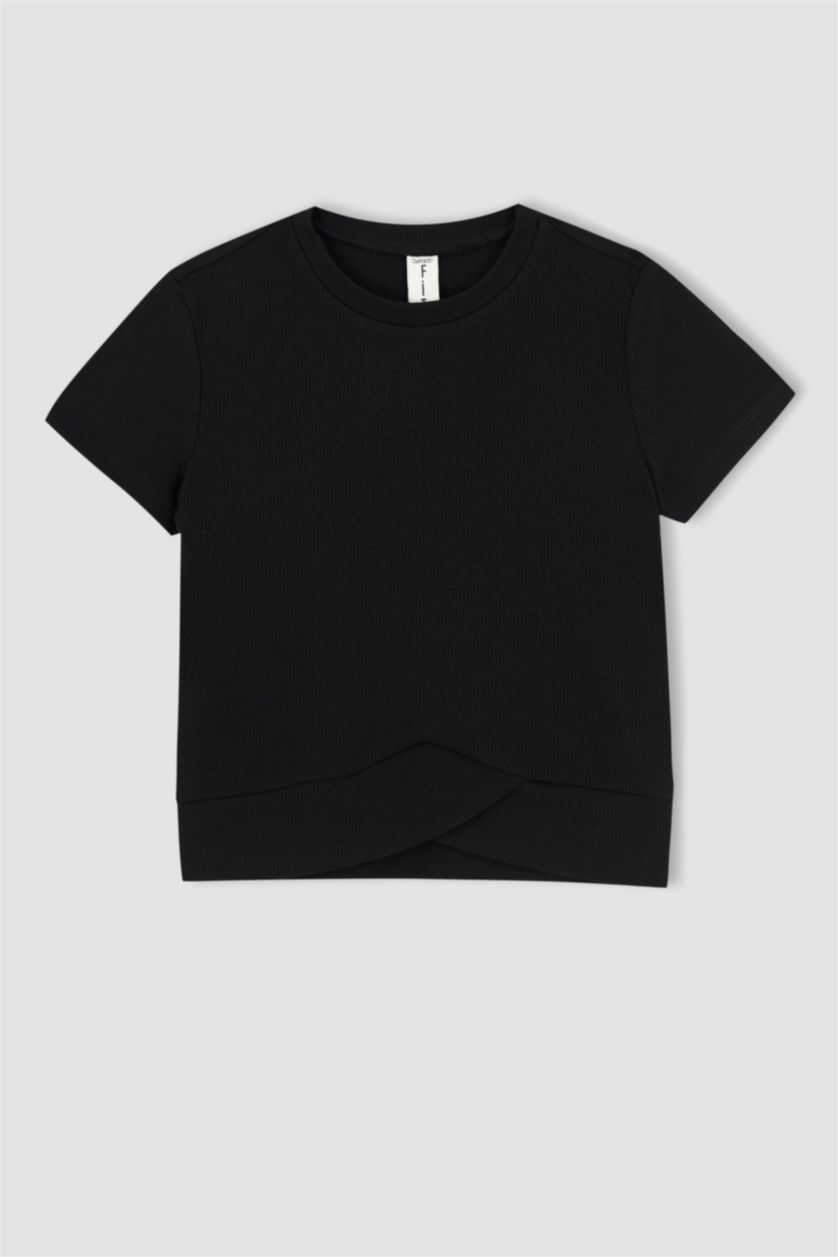 FILLES Noir T-shirt côtelé côtelé à manches courtes et col ras du cou pour fille