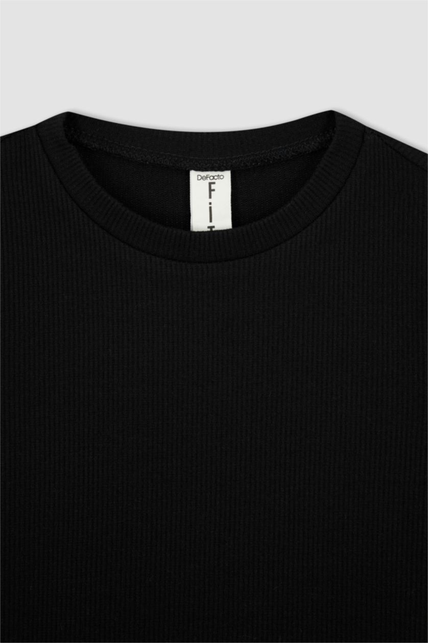 FILLES Noir T-shirt côtelé côtelé à manches courtes et col ras du cou pour fille