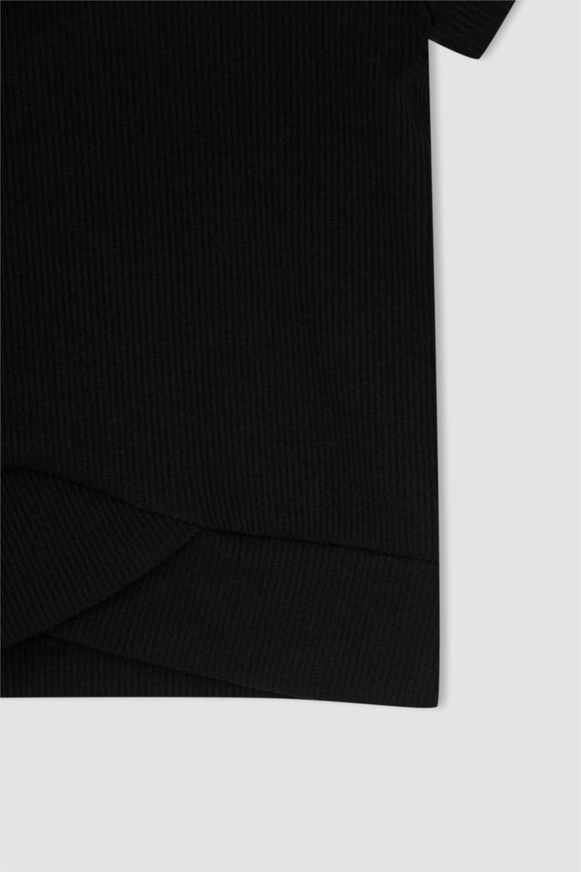 FILLES Noir T-shirt côtelé côtelé à manches courtes et col ras du cou pour fille