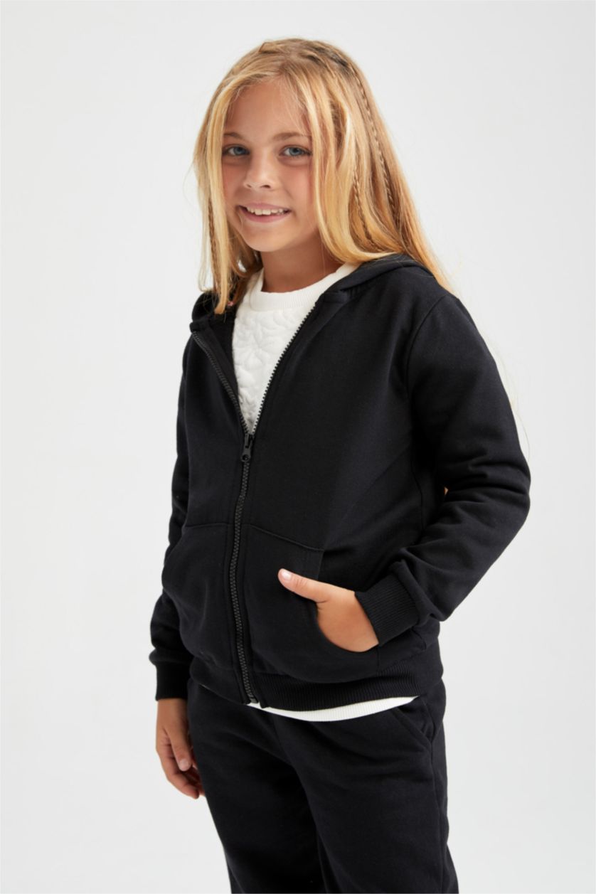 GIRLS & TEENS Black Regular Fit Hooded Cardigan