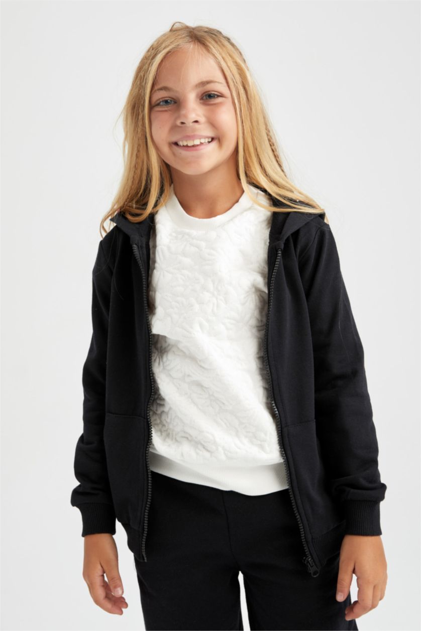 GIRLS & TEENS Black Regular Fit Hooded Cardigan