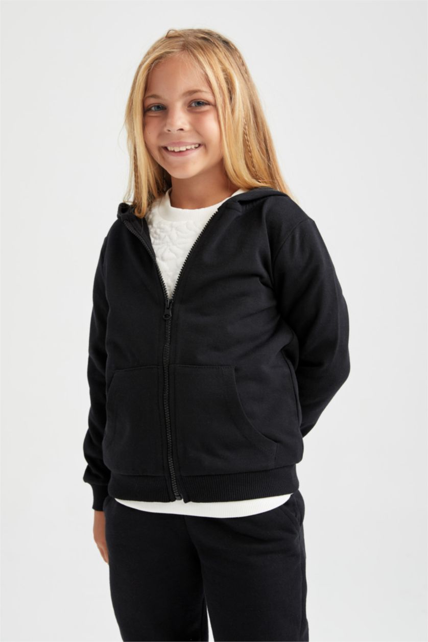 GIRLS & TEENS Black Regular Fit Hooded Cardigan