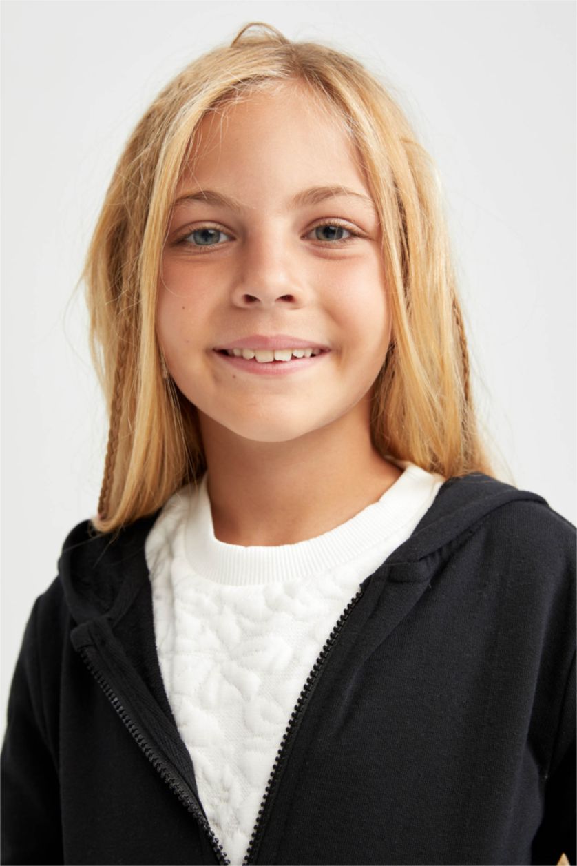 GIRLS & TEENS Black Regular Fit Hooded Cardigan