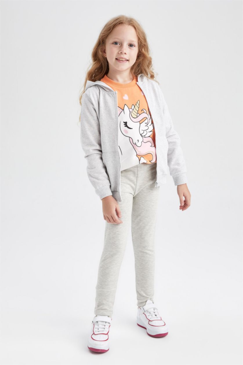 GIRLS & TEENS Light Grey Melange Girl Regular Fit Hooded Cardigan