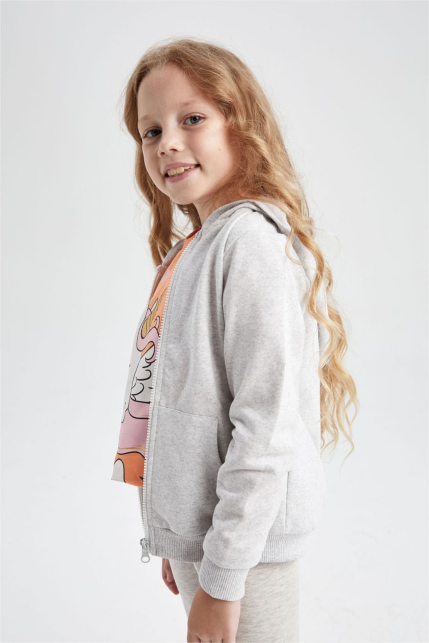 GIRLS & TEENS Light Grey Melange Girl Regular Fit Hooded Cardigan