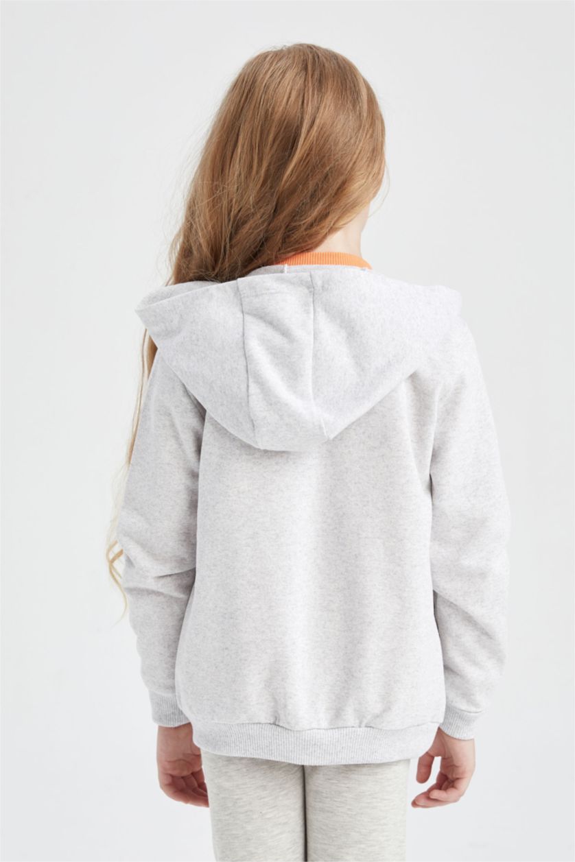 GIRLS & TEENS Light Grey Melange Girl Regular Fit Hooded Cardigan