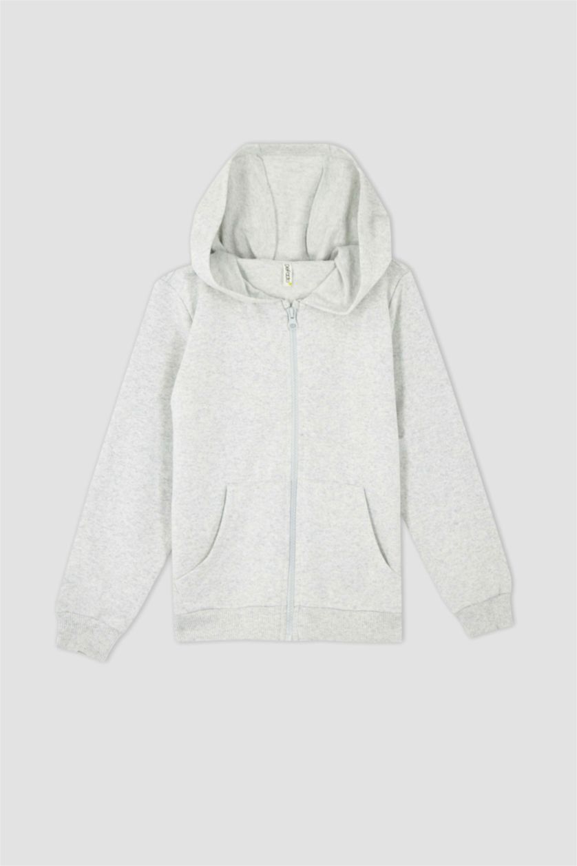 GIRLS & TEENS Light Grey Melange Girl Regular Fit Hooded Cardigan