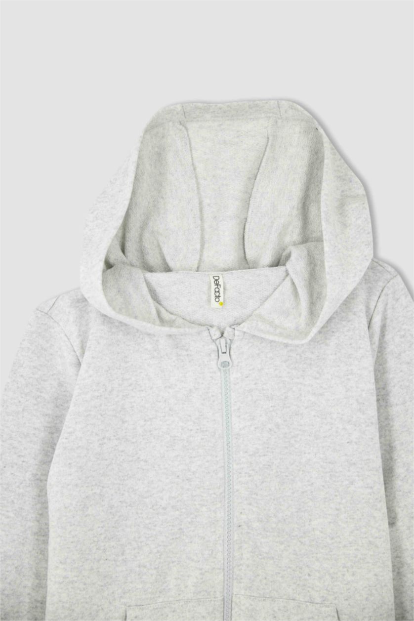 GIRLS & TEENS Light Grey Melange Girl Regular Fit Hooded Cardigan