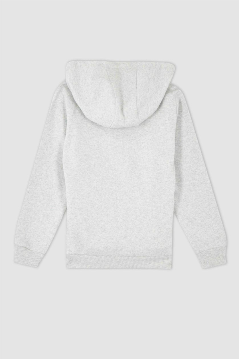 GIRLS & TEENS Light Grey Melange Girl Regular Fit Hooded Cardigan