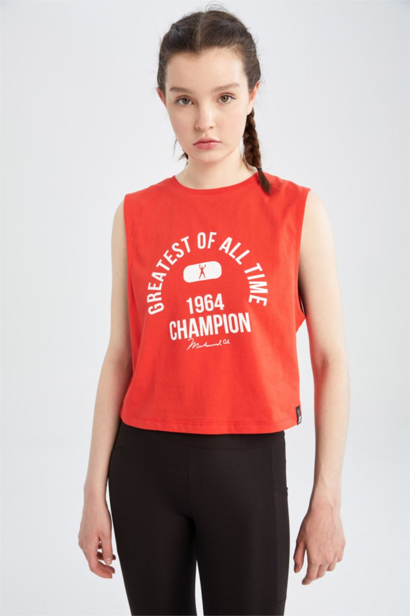 نساء أحمر بلوزة بدون اكمام من ديفاكتو فيت مرخص من محمد علي ذو رقبة مستديرة