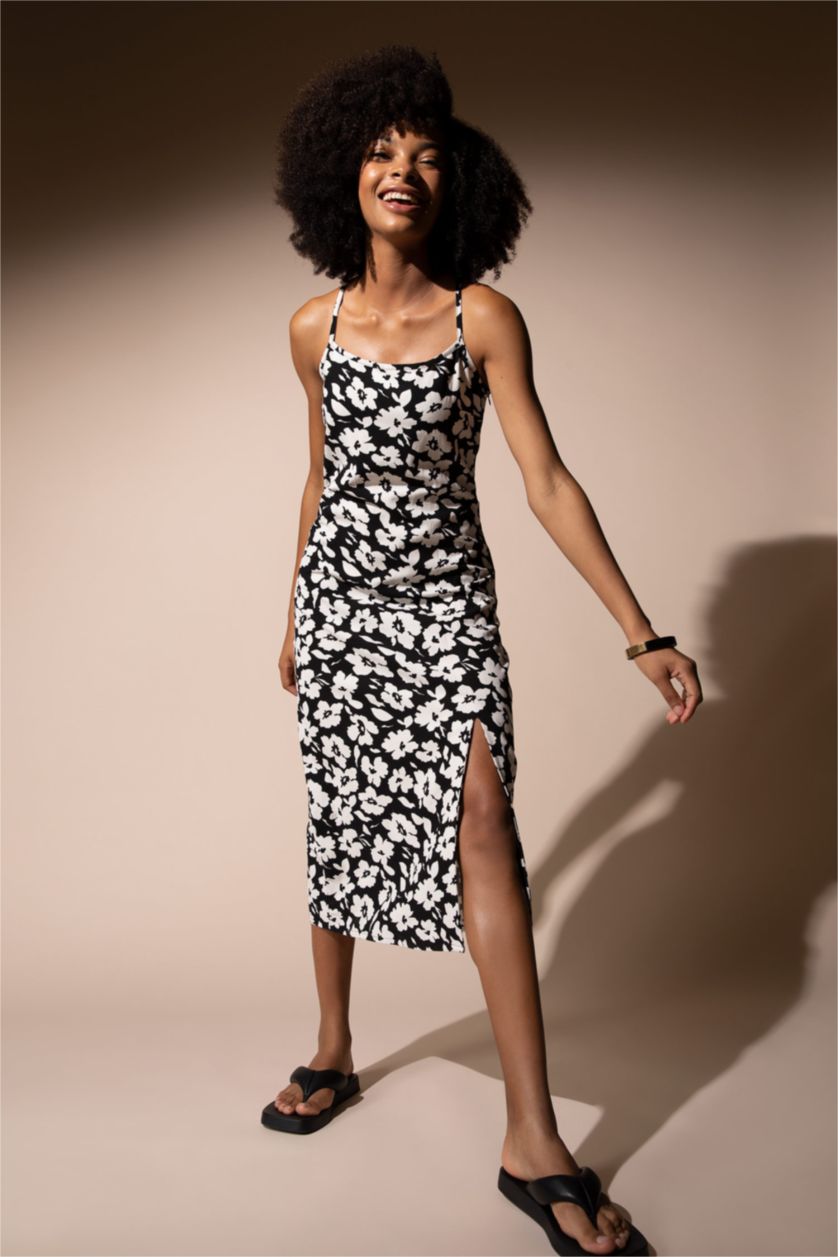 نساء أسود فستان متوسط ​​الطول كتان منسوج بحمالات مفصل على شكل A