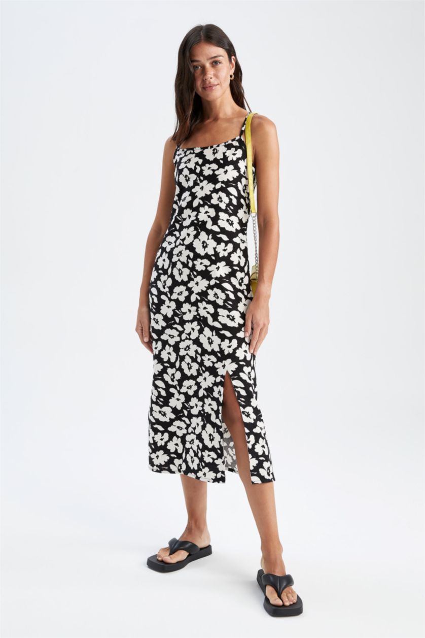 نساء أسود فستان متوسط ​​الطول كتان منسوج بحمالات مفصل على شكل A