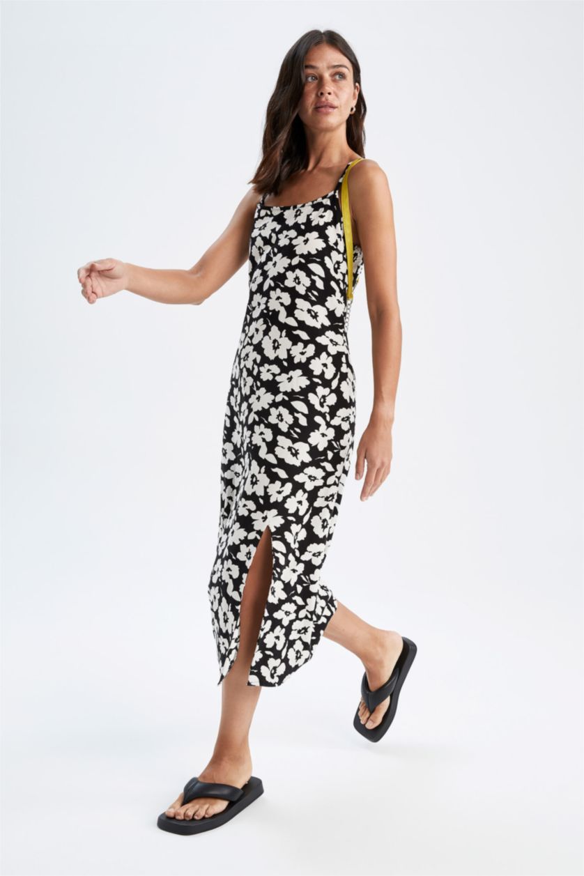 نساء أسود فستان متوسط ​​الطول كتان منسوج بحمالات مفصل على شكل A