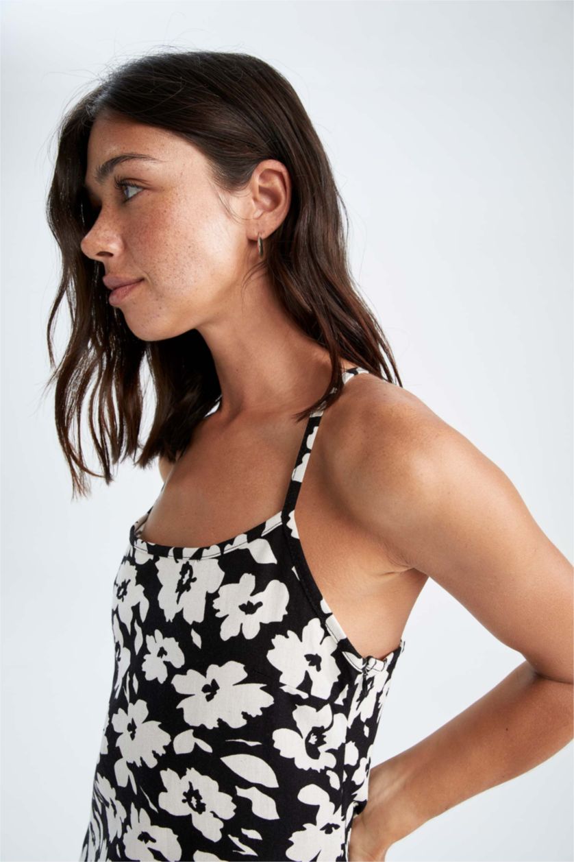 نساء أسود فستان متوسط ​​الطول كتان منسوج بحمالات مفصل على شكل A