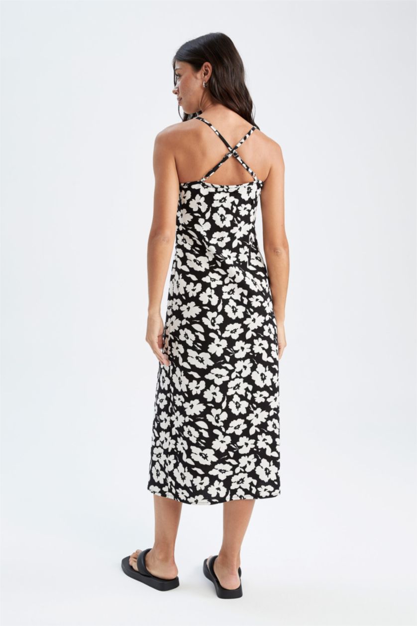 نساء أسود فستان متوسط ​​الطول كتان منسوج بحمالات مفصل على شكل A