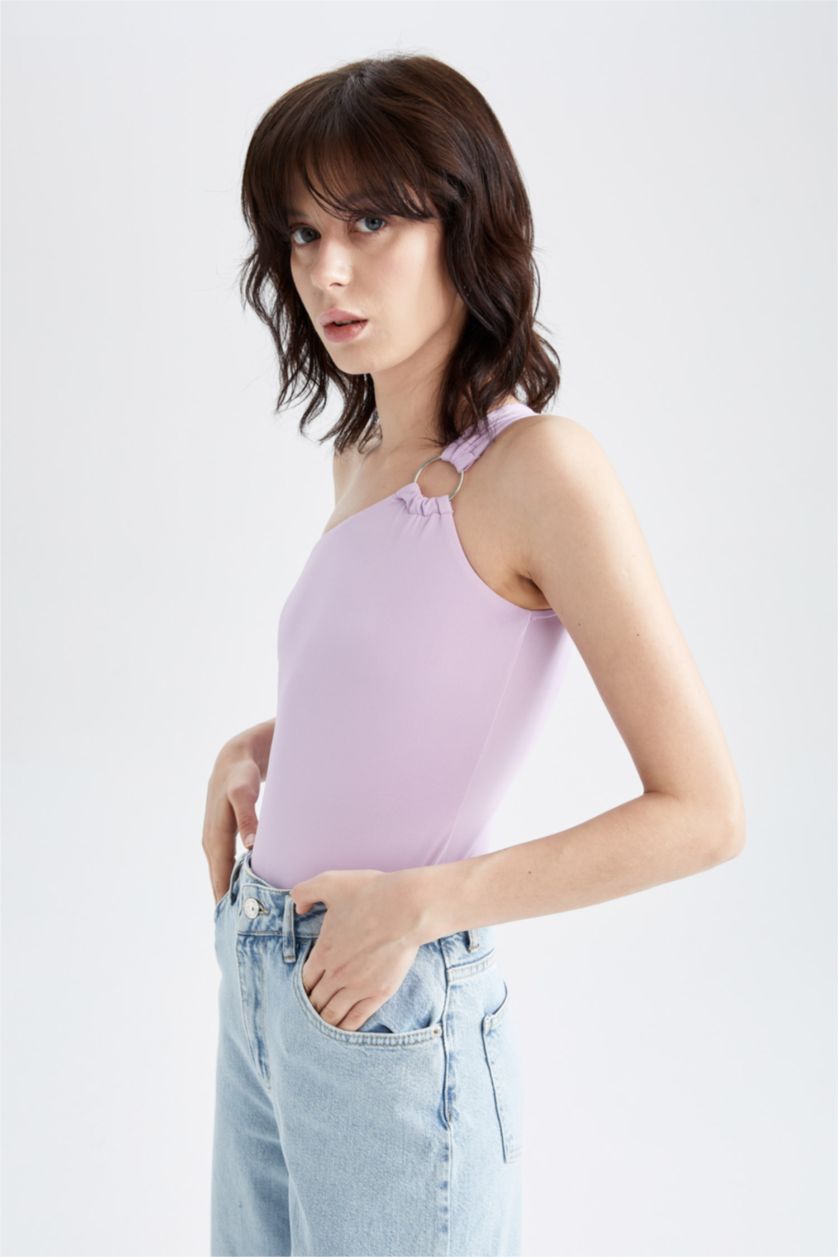 FEMME Violet Maillot de corps à bouton-pression et détail d'anneau à une épaule coupe slim