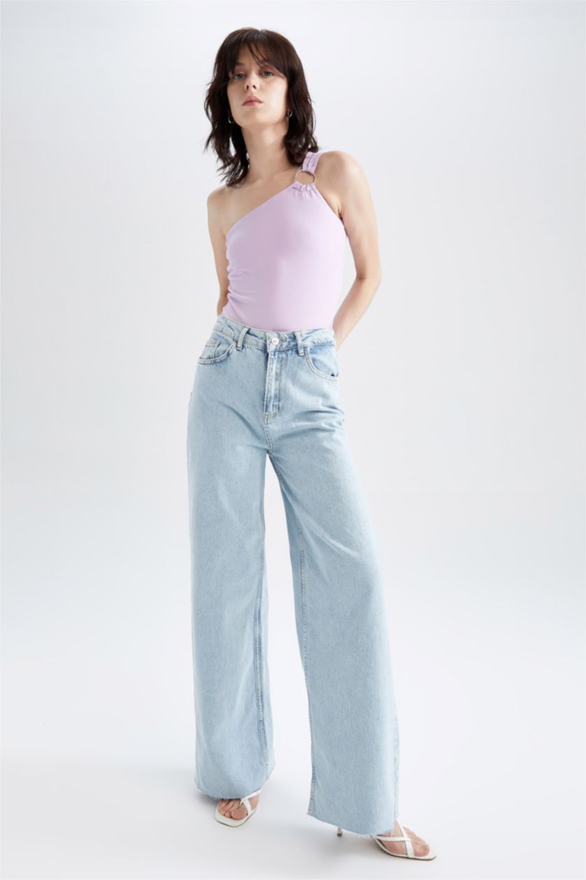 FEMME Violet Maillot de corps à bouton-pression et détail d'anneau à une épaule coupe slim