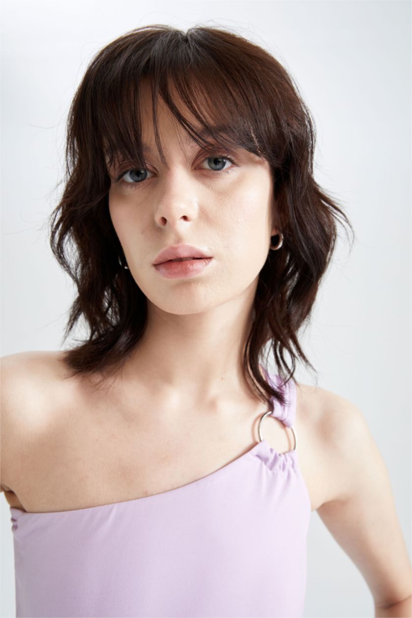 FEMME Violet Maillot de corps à bouton-pression et détail d'anneau à une épaule coupe slim