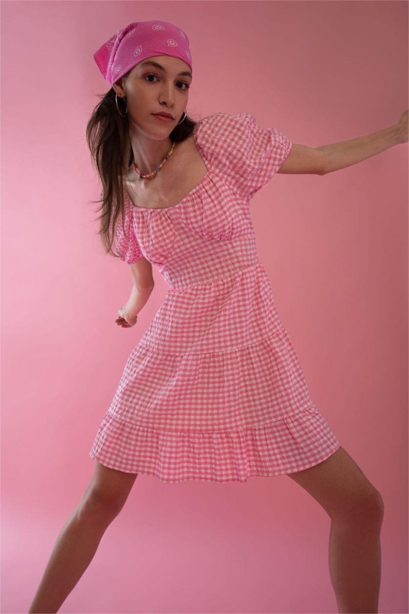 نساء زهري فستان بأكمام قصيرة قصير كاروهات مجعد بياقة قلب